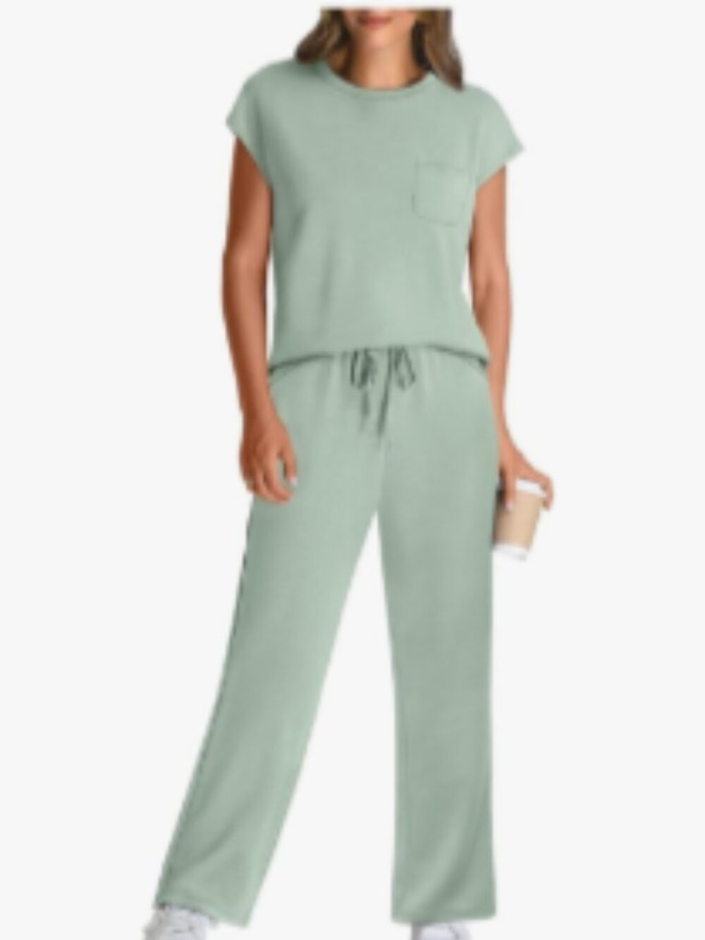 Women's Size L Cream Green Casual Summer Travel Outfits Cap Sleeve 2 Piece Set